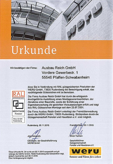 WERU Zertifizierung Fensterbau Fachunternehmen in Bad Kreuznach mit WERU Zertifizierung - Ausbau Reich